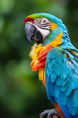 Fototapeta premium Vibrant Scarlet and Azure Macaw Parrot Perching in Lush Tropical Foliage