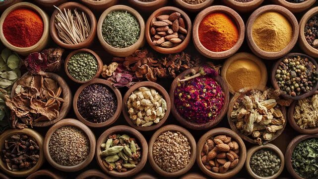 A colorful array of spices and herbs. Colorful spices, nuts, seeds, dried fruits, and herbal flowers. Seasoning spices background. Culinary traditions. Spices for cooking. Natural ingredients. Healthy