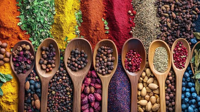 A colorful array of spices and herbs. Colorful spices, nuts, seeds, dried fruits, and herbal flowers. Seasoning spices background. Culinary traditions. Spices for cooking. Natural ingredients. Healthy
