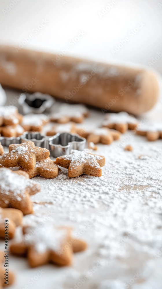 Poster a close up of a table with a rolling pin and a pile of powdered sugar. there are several star shaped