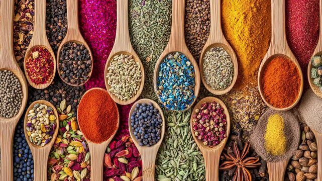 A colorful array of spices and herbs. Colorful spices, nuts, seeds, dried fruits, and herbal flowers. Seasoning spices background. Culinary traditions. Spices for cooking. Natural ingredients. Healthy