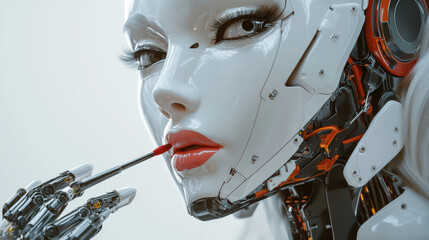 Elegant robot woman with AI, wearing a wig, applying lipstick and makeup. Frightening mechanical robot disguising itself as human with a 3D printer. Terrifying robot face concealed beneath a human .