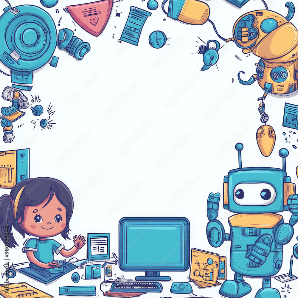 Poster electronic tech-style frame for kids' education: an empty border adorned with tech doodles in a teen