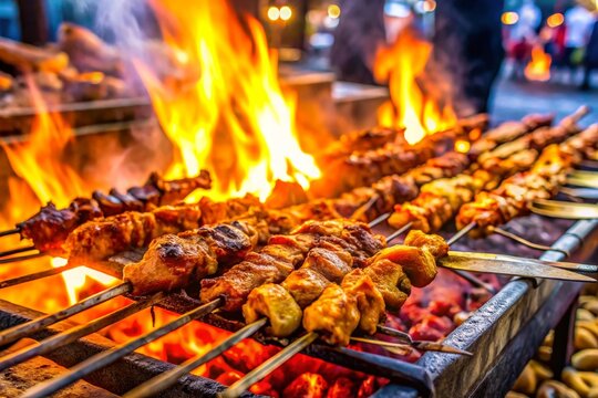 Varillas de carne a la parrilla cocin&aacute;ndose sobre llamas abiertas en un ambiente al aire libre. Representa la tradici&oacute;n del asado y el disfrute de la comida al fuego.