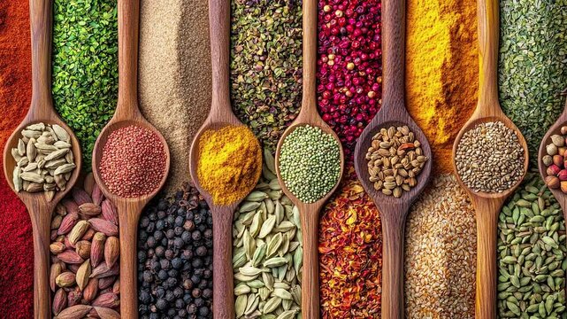 A colorful array of spices and herbs. Colorful spices, nuts, seeds, dried fruits, and herbal flowers. Seasoning spices background. Culinary traditions. Spices for cooking. Natural ingredients. Healthy