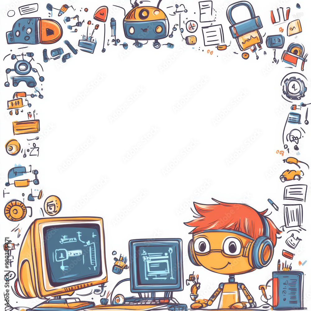Poster electronic tech-style frame for kids' education: an empty border adorned with tech doodles in a teen