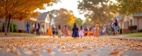 Fototapeta premium A group of people are walking down a street with leaves on the ground. The leaves are orange and yellow, giving the scene a warm and autumnal feel. The people are dressed in costumes