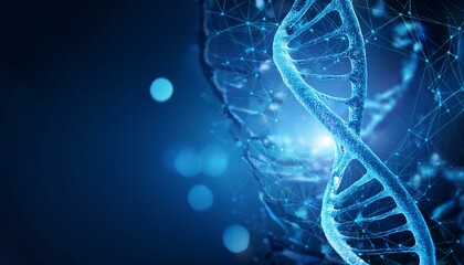 An abstract DNA helix spiral set against a blue wave background, representing the fields of medical science, genetic biotechnology, and biology. 