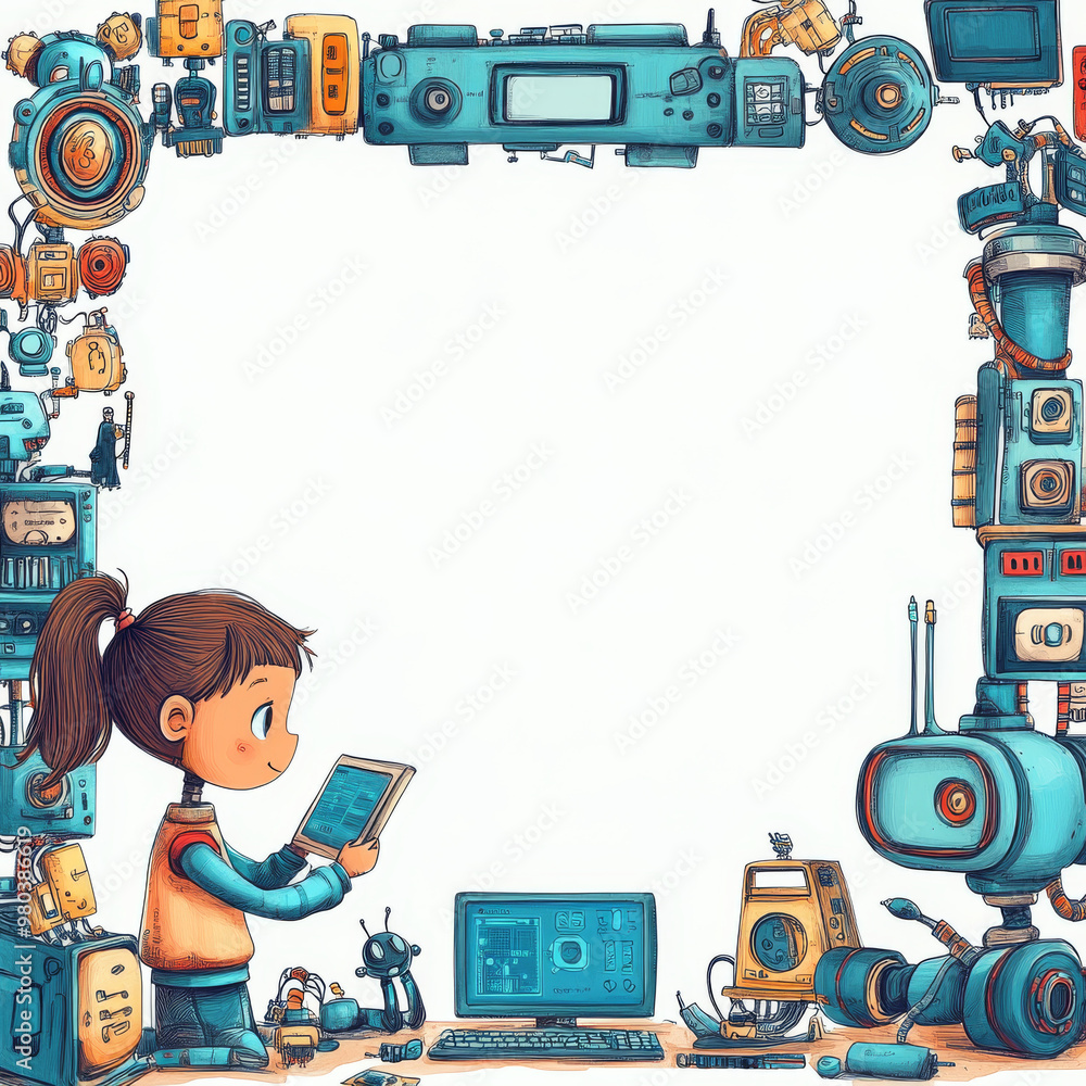 Poster electronic tech-style frame for kids' education: an empty border adorned with tech doodles in a teen