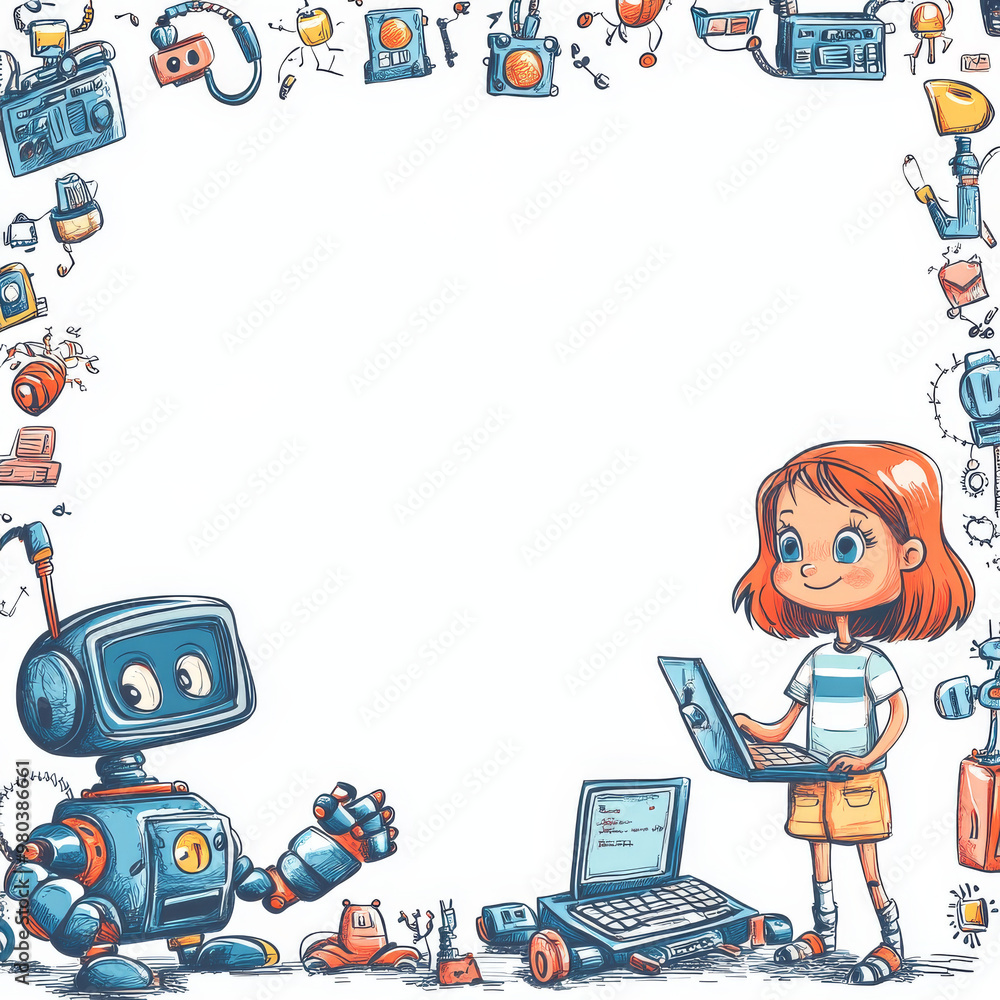 Poster electronic tech-style frame for kids' education: an empty border adorned with tech doodles in a teen