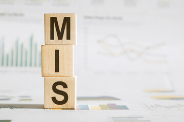 Three wooden blocks stacked vertically spelling out MIS, symbolizing management information systems, with a blurry graph in the backdrop. © Nastassia