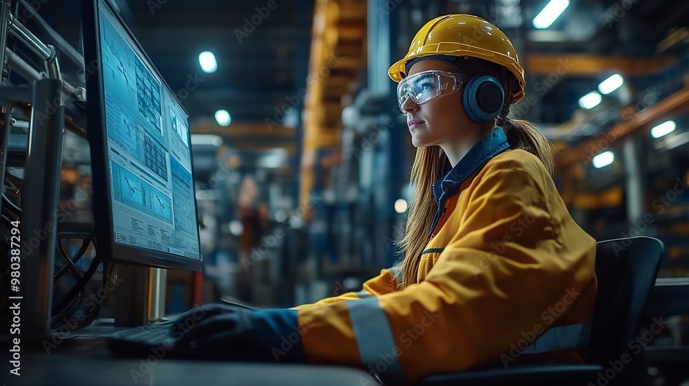 Poster modern factory. industry 4.0. the project engineer talks to a female worker controlling a production