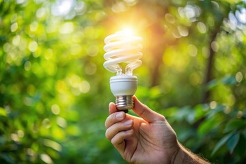 Mano sosteniendo una bombilla de bajo consumo bajo la luz del sol en un entorno verde, simbolizando la eficiencia energética y el respeto por el medio ambiente. El entorno natural destaca el concepto 