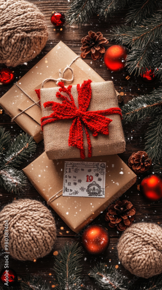 Poster a box with a red bow on top of a brown box with a white tag that says 10. the boxes are on a table w