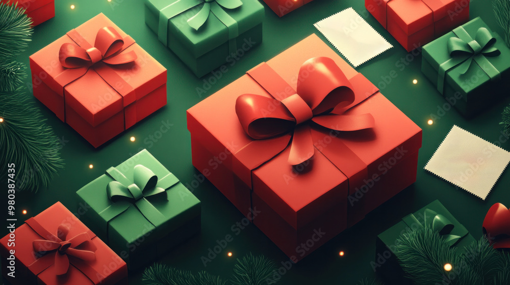 Poster a bunch of green and red boxes with bows on them. the boxes are all different sizes and colors