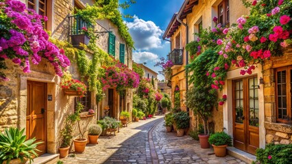 Fototapeta premium Serene atmosphere pervades a picturesque street lined with blooming flowers, ancient buildings, and charming stores, evoking a sense of relaxed wanderlust on a warm sunny day.