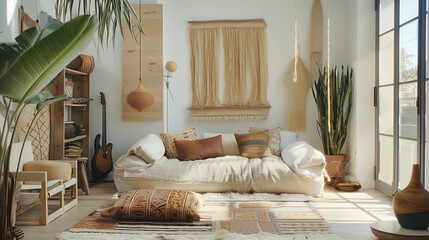 A mix of minimalist design with eclectic decor, combining light wood, white walls, and vibrant textiles for a relaxed, boho feel. Scandinavian Bohemian interior design 