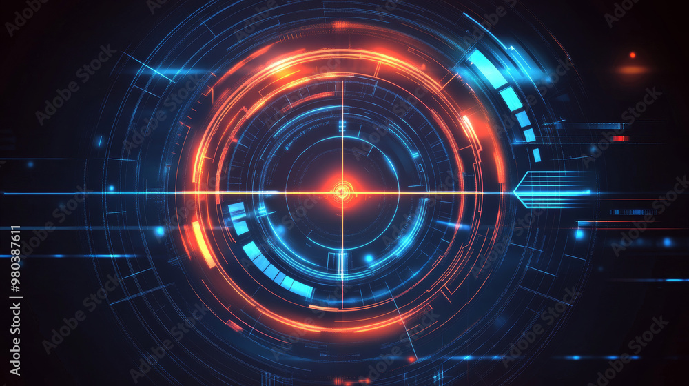 Poster contemporary aiming system ui/ux: presents a futuristic optical aiming mechanism with a military-sty