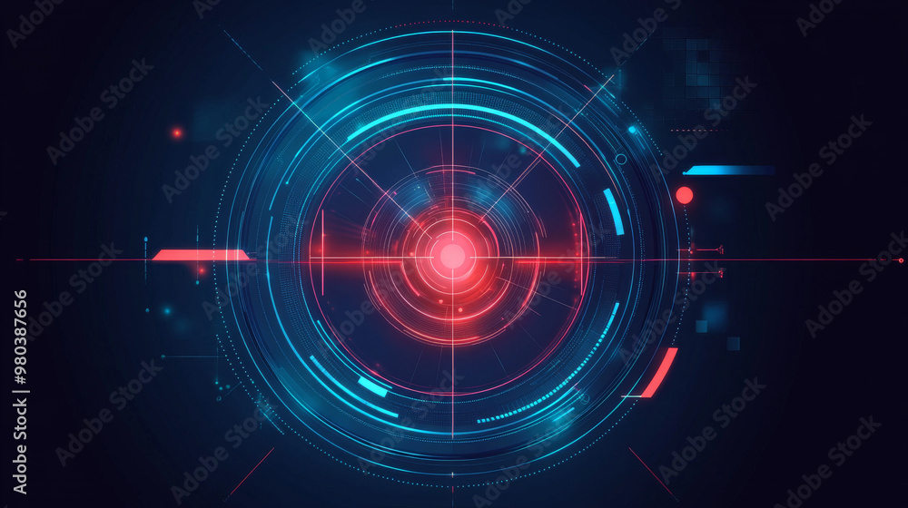 Poster contemporary aiming system ui/ux: presents a futuristic optical aiming mechanism with a military-sty