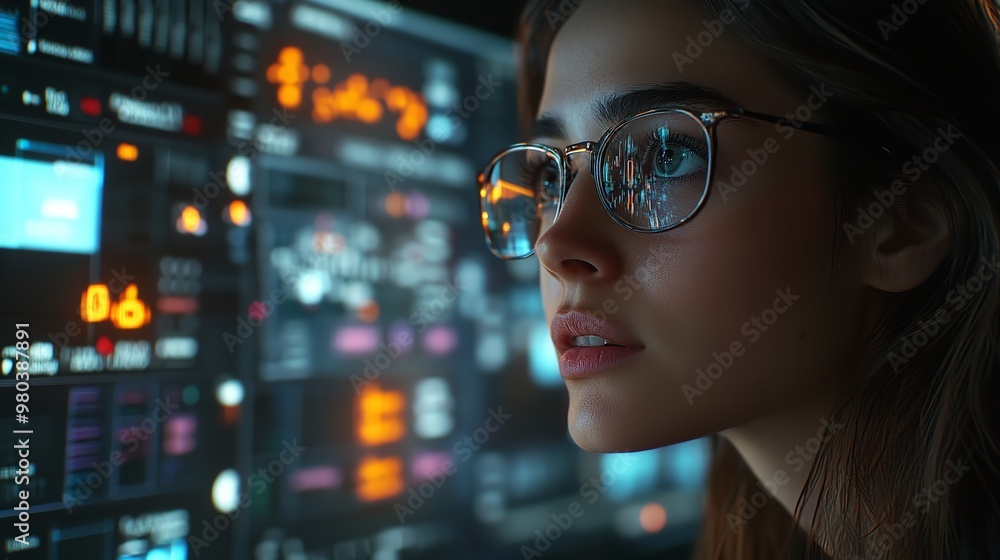 Poster woman coding at computer screen