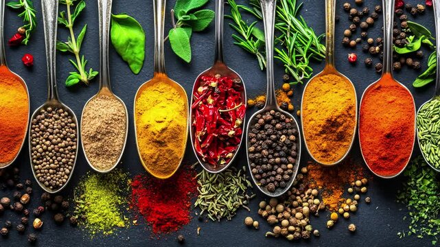 A colorful array of spices and herbs. Colorful spices, nuts, seeds, dried fruits, and herbal flowers. Seasoning spices background. Culinary traditions. Spices for cooking. Natural ingredients. Healthy