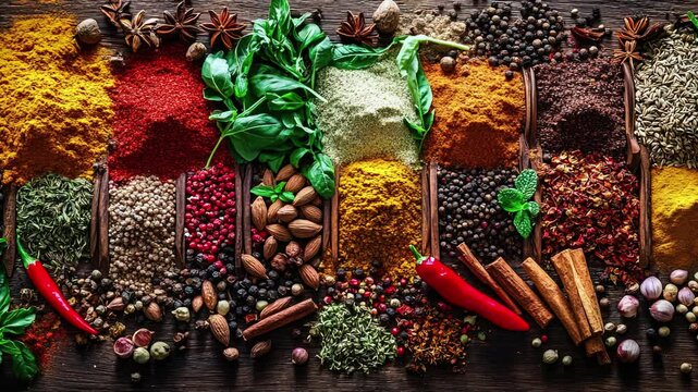A colorful array of spices and herbs. Colorful spices, nuts, seeds, dried fruits, and herbal flowers. Seasoning spices background. Culinary traditions. Spices for cooking. Natural ingredients. Healthy