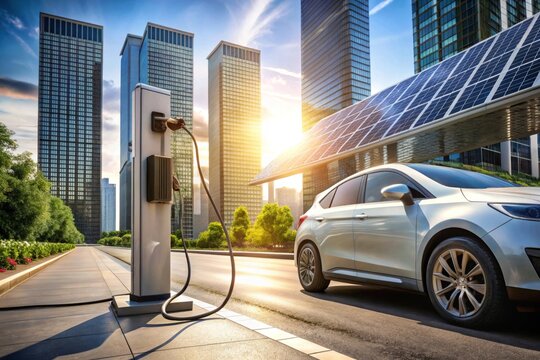  Veh&iacute;culo el&eacute;ctrico conectado a una estaci&oacute;n de carga en un entorno urbano moderno, rodeado de rascacielos y paneles solares. El sol se refleja en los edificios, destacando la tecnolog&iacute;a sostenible en