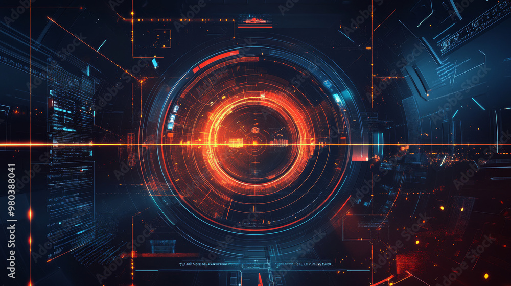 Poster contemporary aiming system ui/ux: presents a futuristic optical aiming mechanism with a military-sty