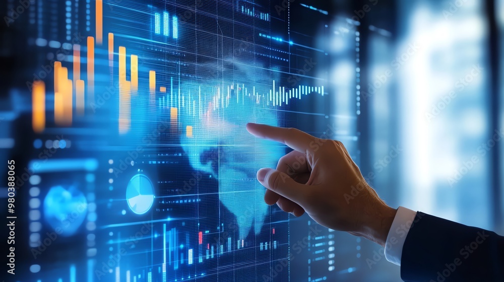 Aufkleber a business professional interacts with a futuristic digital interface, showcasing data analytics and