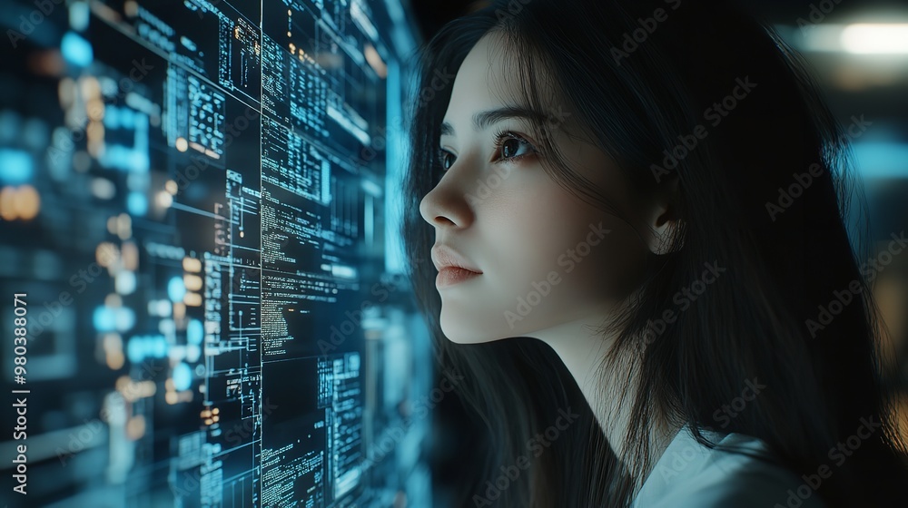 Poster woman coding at computer screen