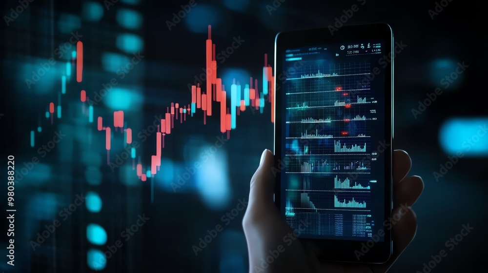 Aufkleber a close-up of a hand holding a smartphone displaying financial charts and data analysis in a modern 