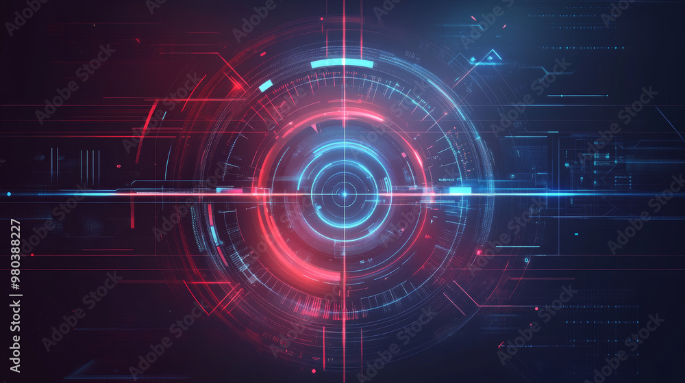 Poster contemporary aiming system ui/ux: presents a futuristic optical aiming mechanism with a military-sty
