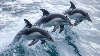 Joyful dolphins dance through the sparkling, azure ocean
