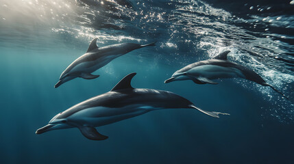 Joyful dolphins dance through the sparkling, azure ocean
