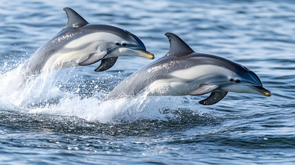 Joyful dolphins dance through the sparkling, azure ocean
