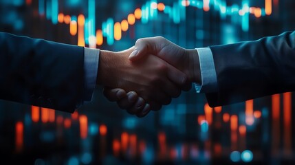 A close-up of a handshake symbolizing partnership and agreement, set against a backdrop of digital finance data.