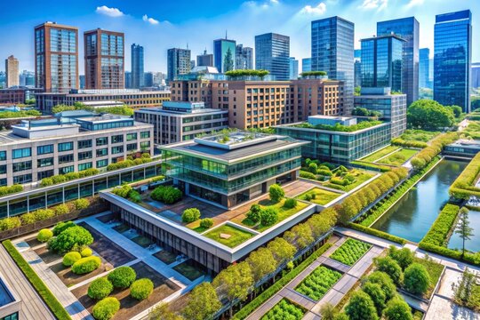 Vista a&eacute;rea de un distrito urbano moderno con edificios rodeados de jardines y tejados verdes. El dise&ntilde;o arquitect&oacute;nico enfatiza la sostenibilidad y el respeto por el medio ambiente en la planificaci&oacute;