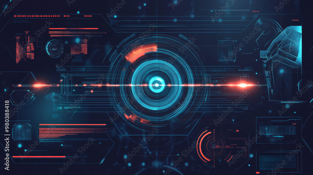 Poster contemporary aiming system ui/ux: presents a futuristic optical aiming mechanism with a military-sty