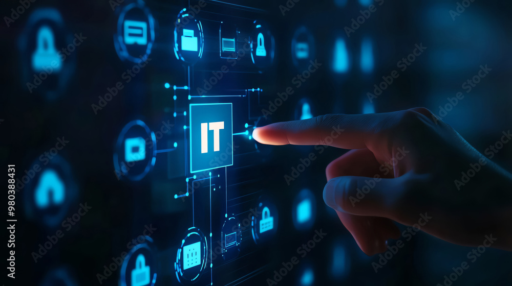 Poster a hand interacting with a digital interface, symbolizing information technology and network connecti