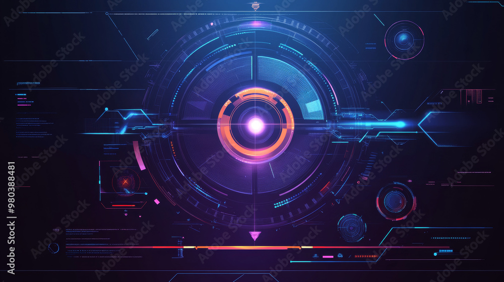 Poster contemporary aiming system ui/ux: presents a futuristic optical aiming mechanism with a military-sty