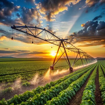 Sistema de riego en un campo agr&iacute;cola verde al atardecer, con agua pulveriz&aacute;ndose sobre los cultivos. La luz dorada del sol ilumina el paisaje, representando la tecnolog&iacute;a agr&iacute;cola sostenible.