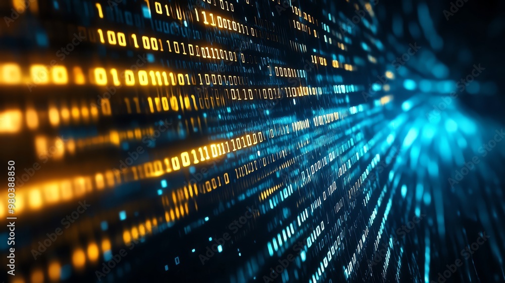 Poster abstract digital background featuring glowing binary code in vibrant blue and orange hues, ideal for
