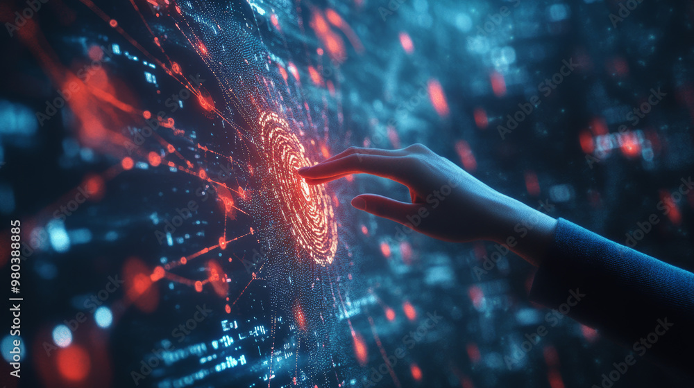 Poster big data concept. digital neural network. businesswoman’s hand engaging with artificial intelligence
