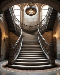 Obraz premium Stone staircase with intricate iron railing and tapestries