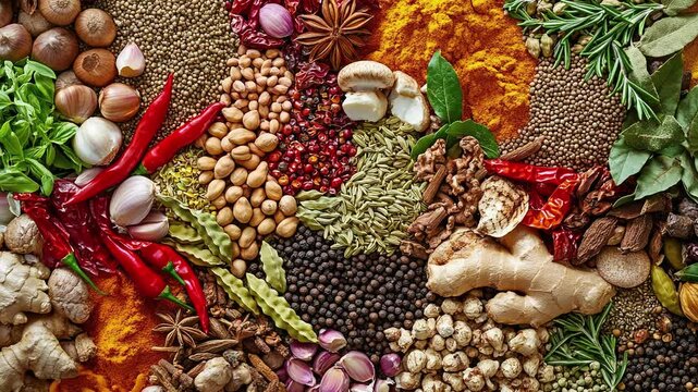 A colorful array of spices and herbs. Colorful spices, nuts, seeds, dried fruits, and herbal flowers. Seasoning spices background. Culinary traditions. Spices for cooking. Natural ingredients. Healthy
