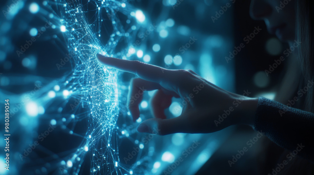 Poster big data concept. digital neural network. businesswoman’s hand engaging with artificial intelligence