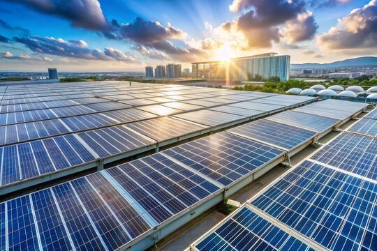 Paneles solares instalados en la azotea de edificios urbanos, reflejando los rayos del sol al amanecer, destacando la integraci&oacute;n de energ&iacute;a renovable en las ciudades modernas
