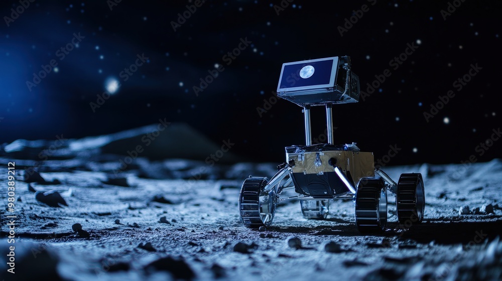 Poster a moon robot, operating in the harsh conditions, moves with precision and efficiency
