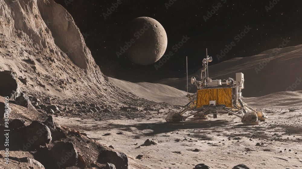 Poster a moon robot performs an intricate task on the lunar surface, its mechanical arms expertly handling 