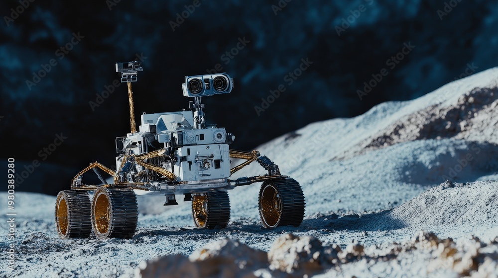 Poster a moon robot performs an intricate task on the lunar surface, its mechanical arms expertly handling 
